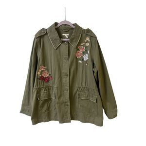 Maurices embroidered floral boho jacket army green frayed accents sz 1